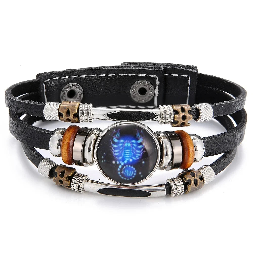 Charm Jewelry 12 Zodiac Weave Bracelets for Women Vintage Multi-layer Stainless Steel 12 Constellations Leather Bracelet
