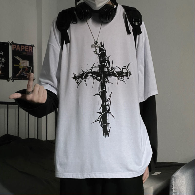 Gothic Style Tshirt Punk Long Sleeve Oversized T-shirt Fake Two-piece Street Fashion Style | T-shirt | Wiccan Center
