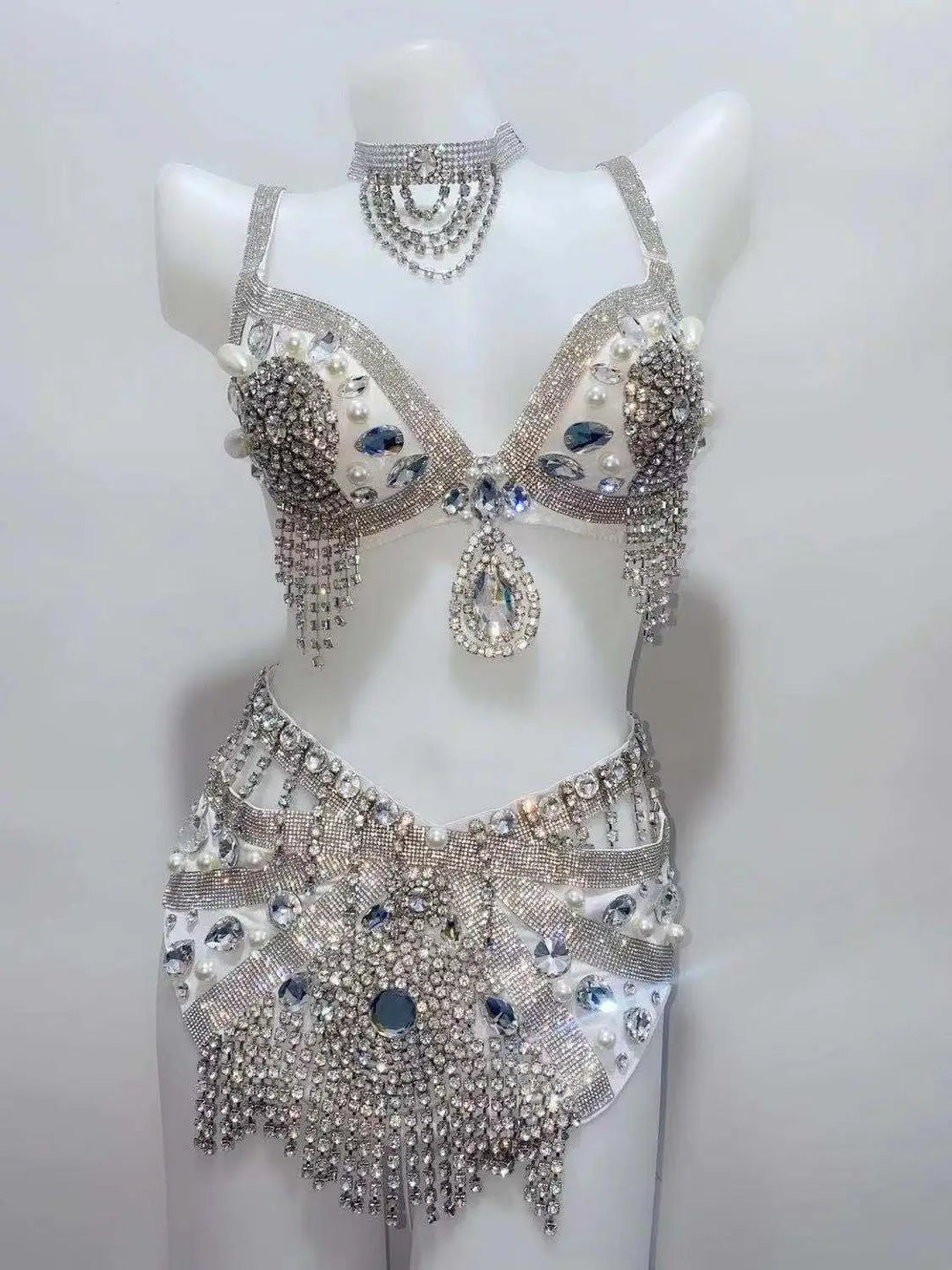 Sparkly Rhinestone Beading Tassel Bikini Sexy Nightclub Stage Wear Fringe Bra High Waist Short DJ Rave Outfit Nightclub Costume | Costume Sets | Wiccan Center