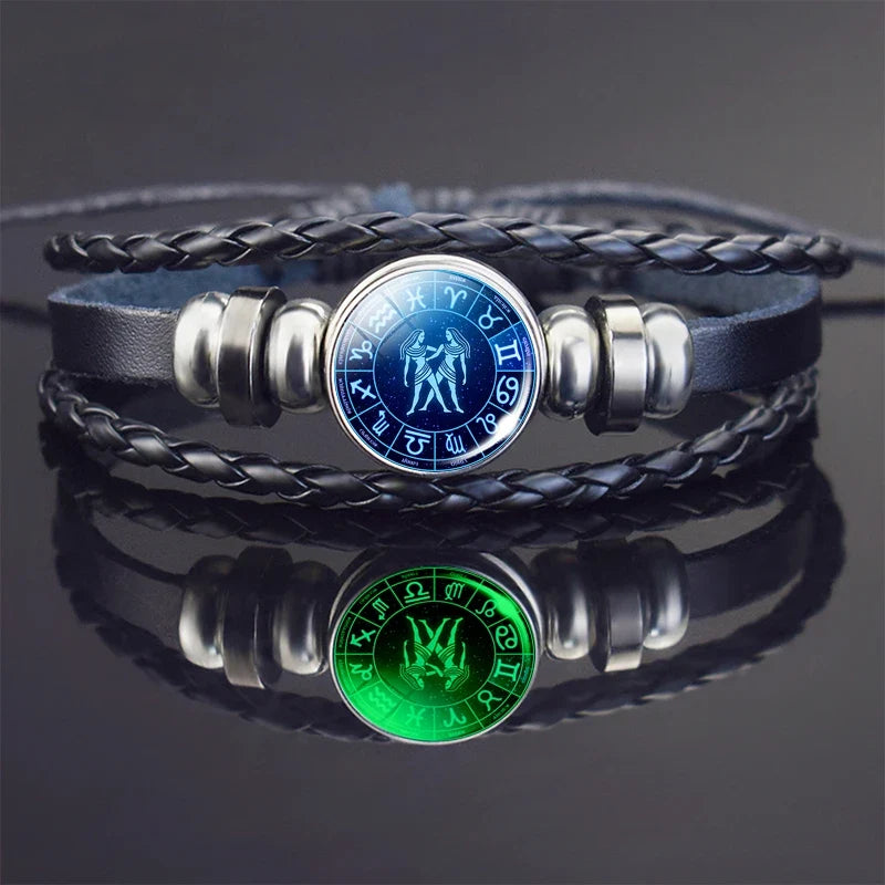 Glow In The Dark Constellation Gemini Bracelet  Braided Leather Bracelet Zodiac Gemini Jewelry Birthday Present