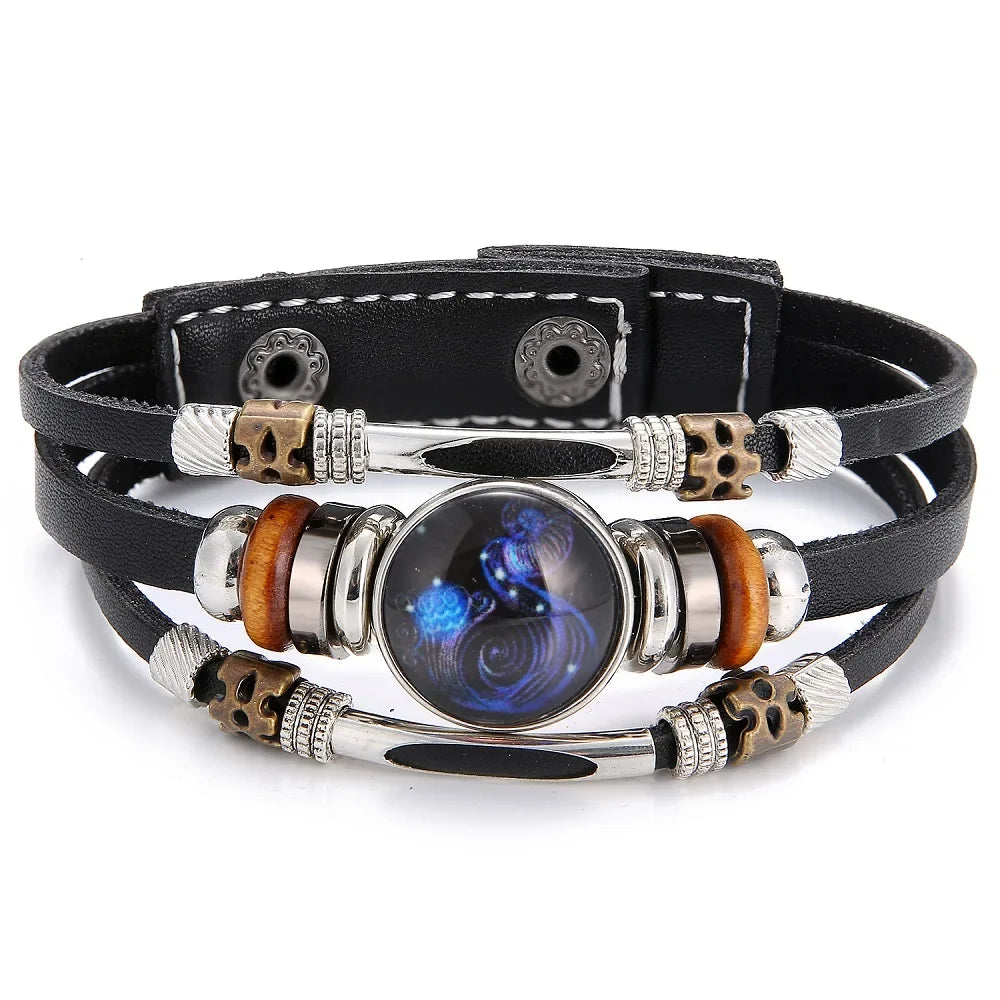 Charm Jewelry 12 Zodiac Weave Bracelets for Women Vintage Multi-layer Stainless Steel 12 Constellations Leather Bracelet