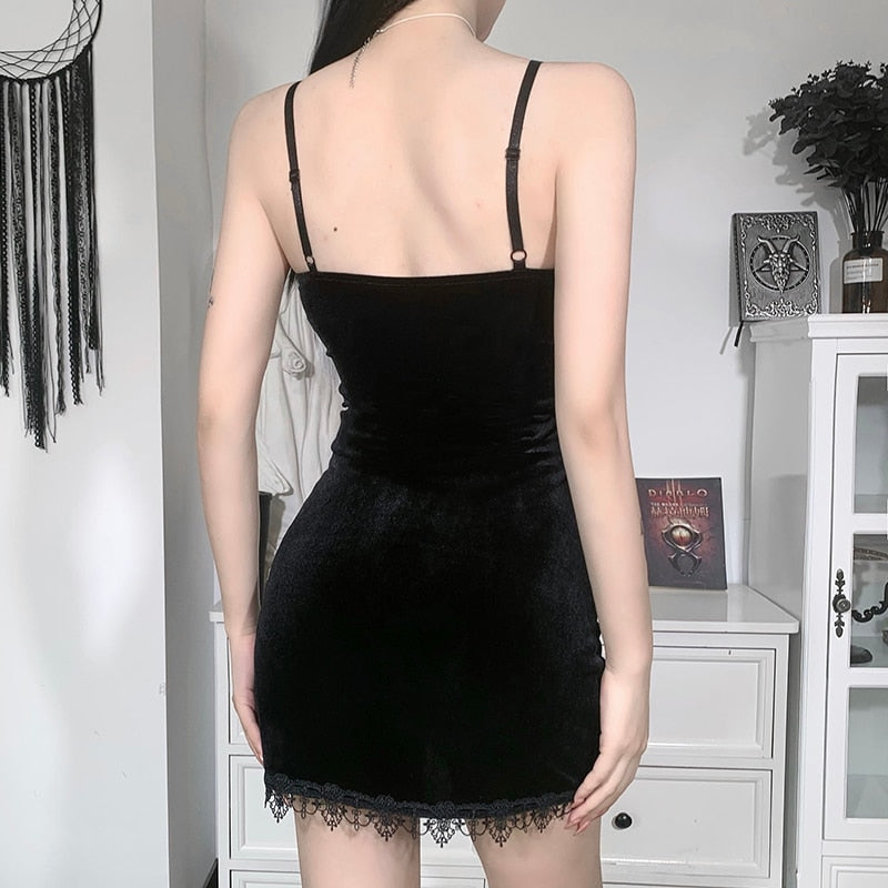 Gothic Dark Cross Black Mini Dress Vintage Sexy Spaghetti Strap High Waist Slit Dresses | Dresses | Wiccan Center