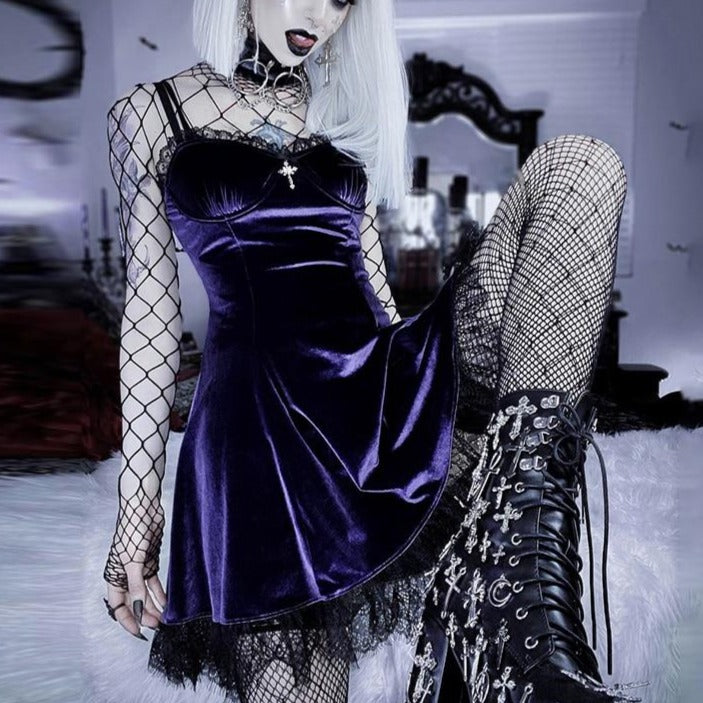 Goth Cross Sexy Purple Dress Vintage Velvet A Line Lolita Dress Aesthetic Gothic | Dresses | Wiccan Center