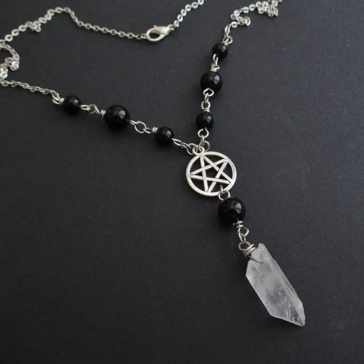 Pentacle Onyx & Quartz Bead Necklace | necklace | Wiccan Center