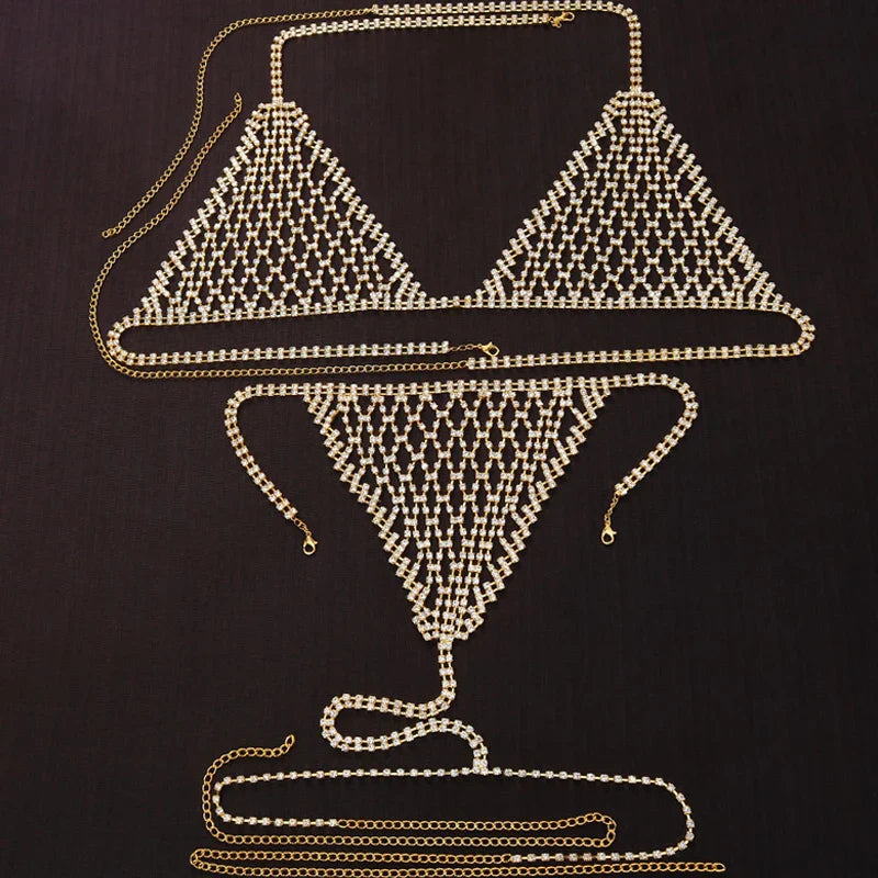 Luxury Rhinestone Grid Body Chain Set – Shimmering Crystal Mesh Bra & Thong Harness Set for Raves, Festivals & Exotic Clubwear | Body Chains | Wiccan Center