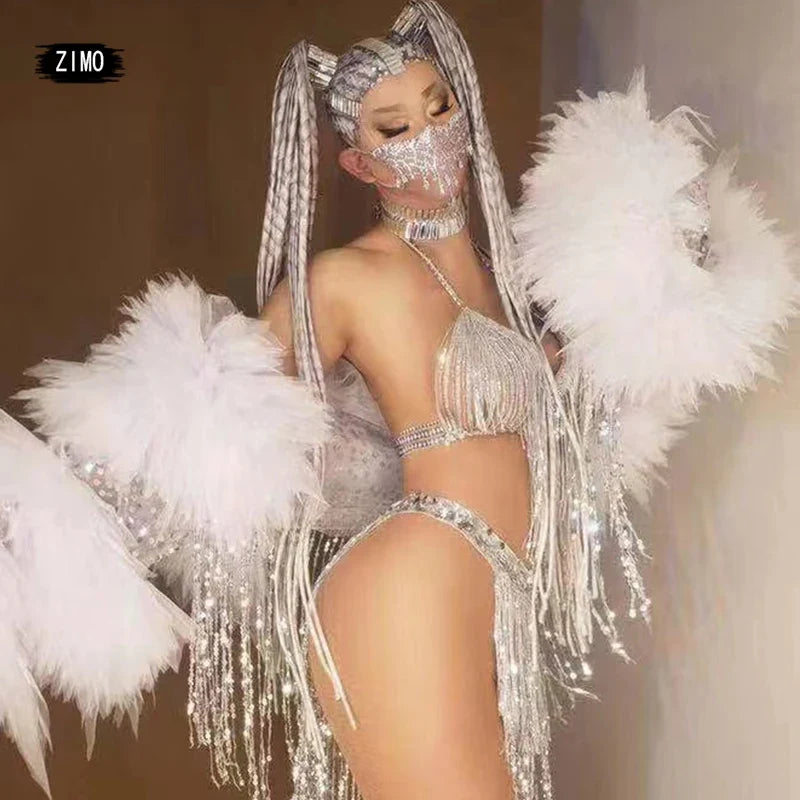 Silver Sequin Tassel Halter Bra & Shorts Stage Performance Set | Costume Sets | Wiccan Center