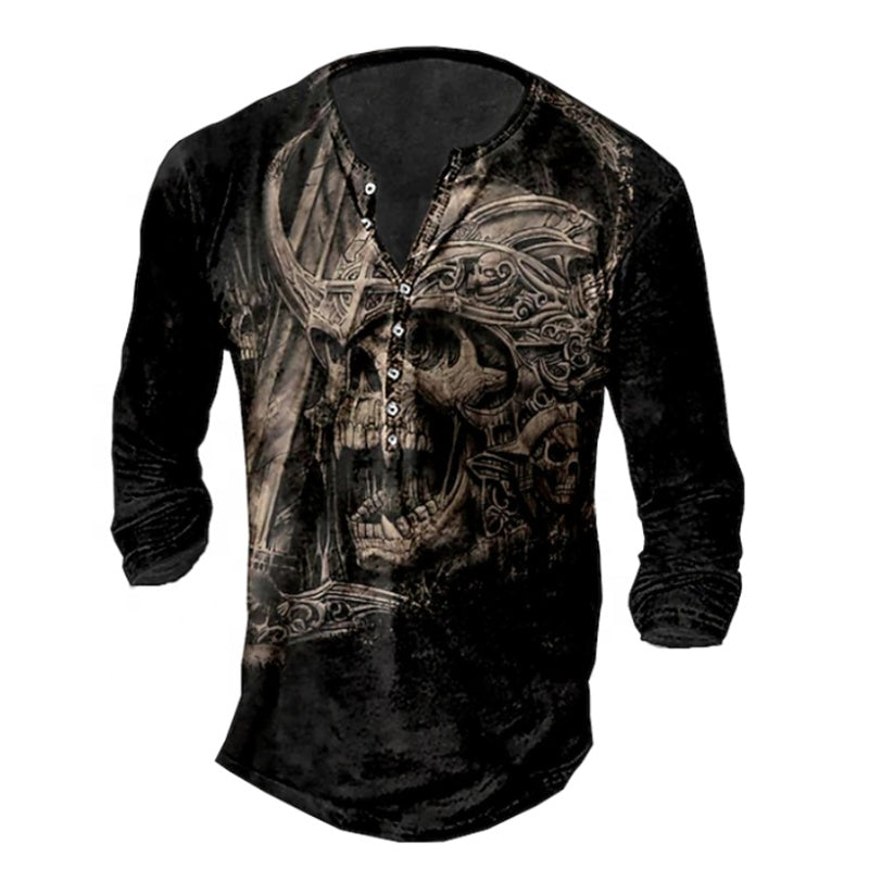 Skull Henley Print Long Sleeve Tshirts Men's | | Wiccan Center