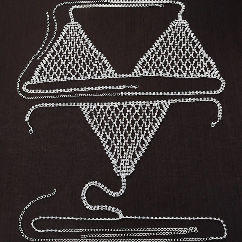 Luxury Rhinestone Grid Body Chain Set – Shimmering Crystal Mesh Bra & Thong Harness Set for Raves, Festivals & Exotic Clubwear | Body Chains | Wiccan Center