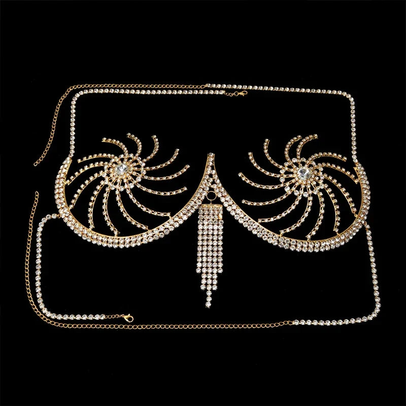 Luxury Crystal Swirl Micro Bikini Body Chain – Shimmering Rhinestone Tassel Bra & Exotic Chest Harness for Festivals, Raves & Clubwear | Body Chains | Wiccan Center