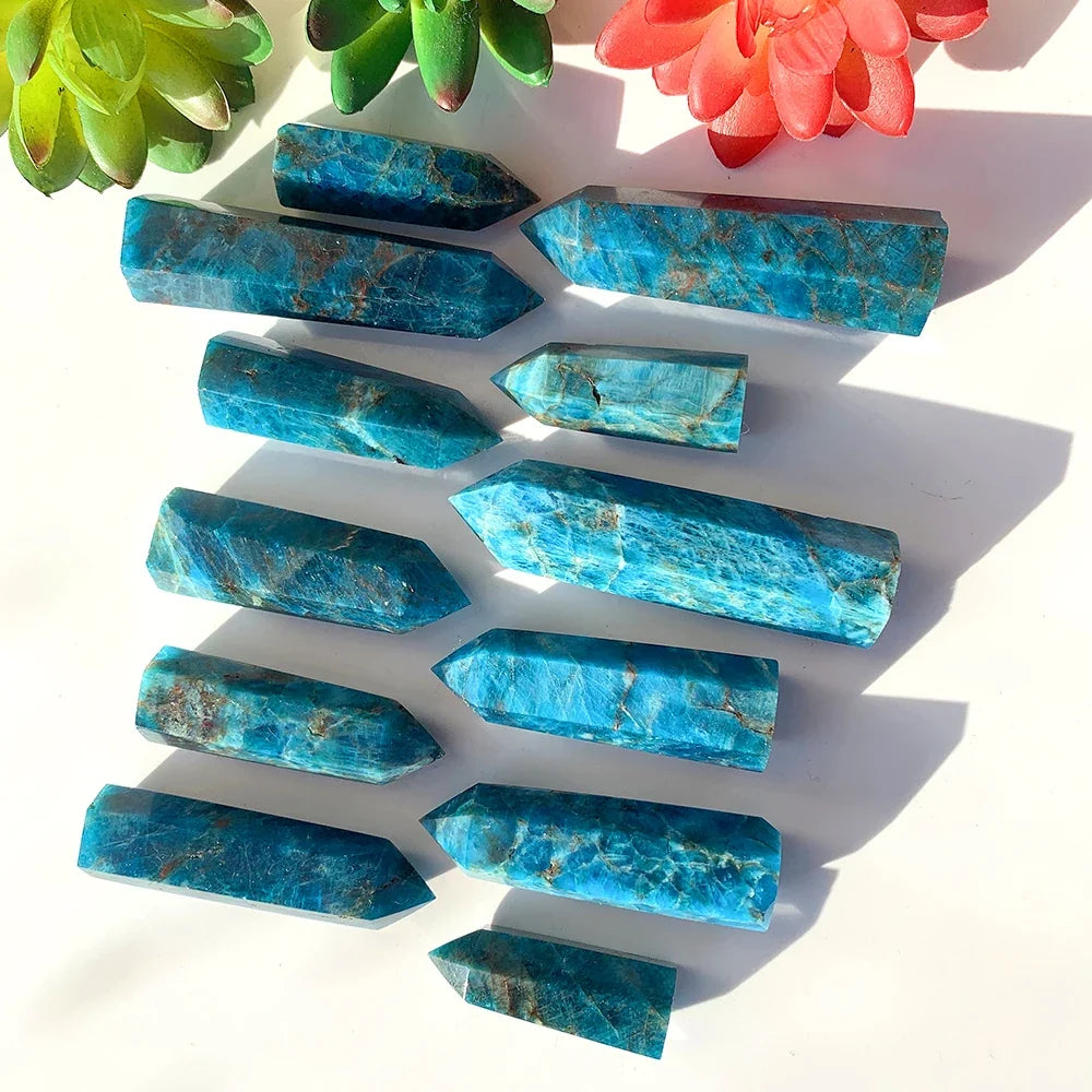 Natural Healing Crystal Blue Apatite Single Point Wand Reiki Polished Gemstone Hexagonal Obelisk Column Home Desk Decoration