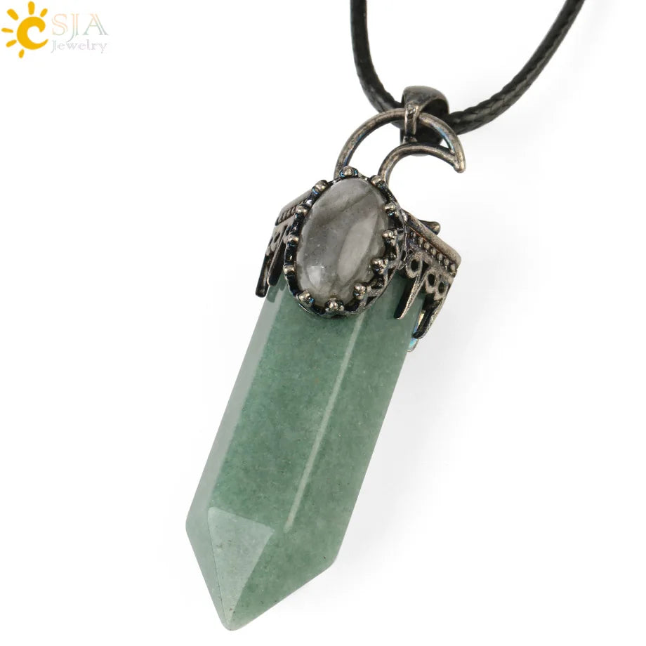 CSJA Natural Stone Crystal Pendants Semi-Precious Necklace Half Moon Pendant Antique Silver Color Hexagon Column Suspension G253