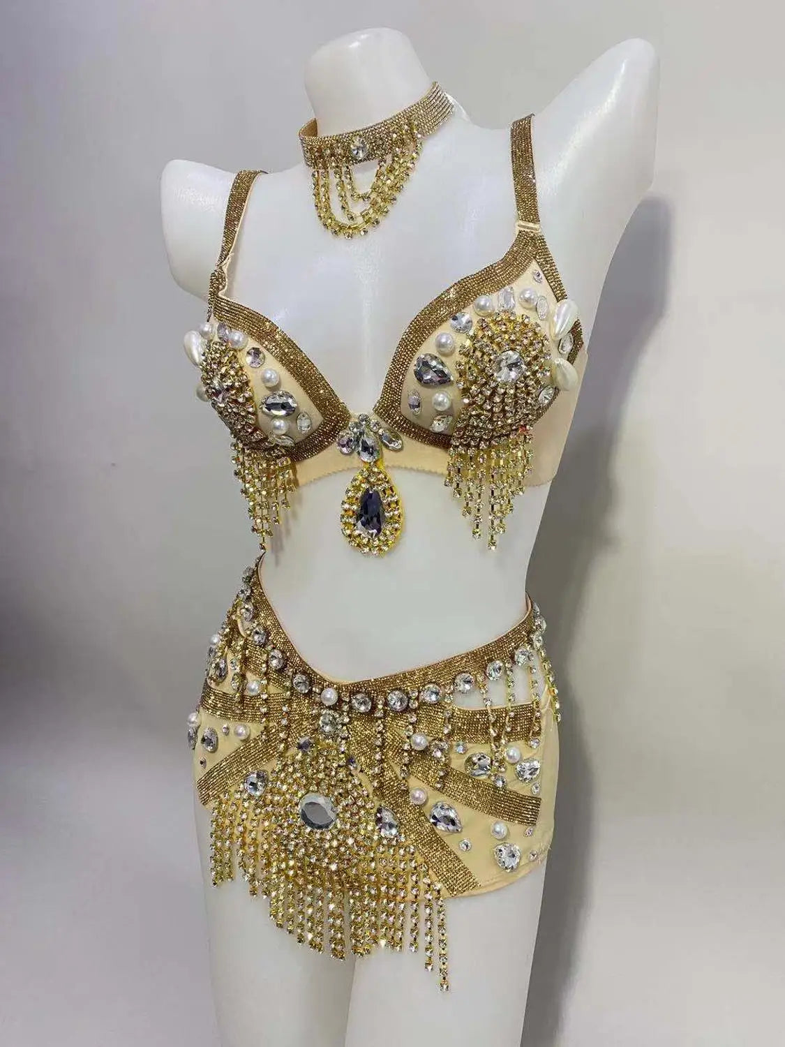 Sparkly Rhinestone Beading Tassel Bikini Sexy Nightclub Stage Wear Fringe Bra High Waist Short DJ Rave Outfit Nightclub Costume | Costume Sets | Wiccan Center