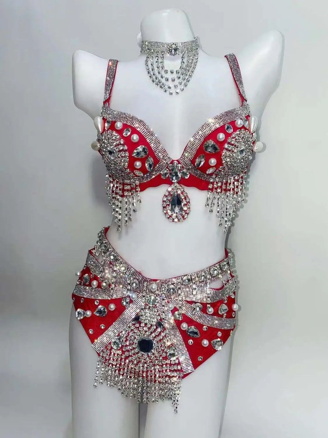 Sparkly Rhinestone Beading Tassel Bikini Sexy Nightclub Stage Wear Fringe Bra High Waist Short DJ Rave Outfit Nightclub Costume | Costume Sets | Wiccan Center
