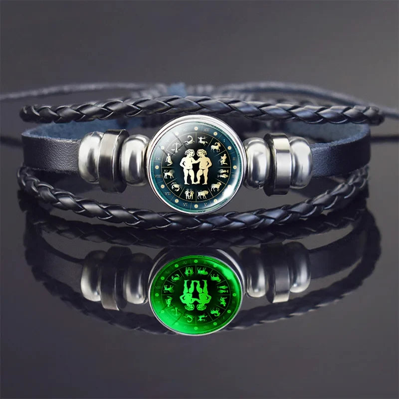 Glow In The Dark Constellation Gemini Bracelet  Braided Leather Bracelet Zodiac Gemini Jewelry Birthday Present