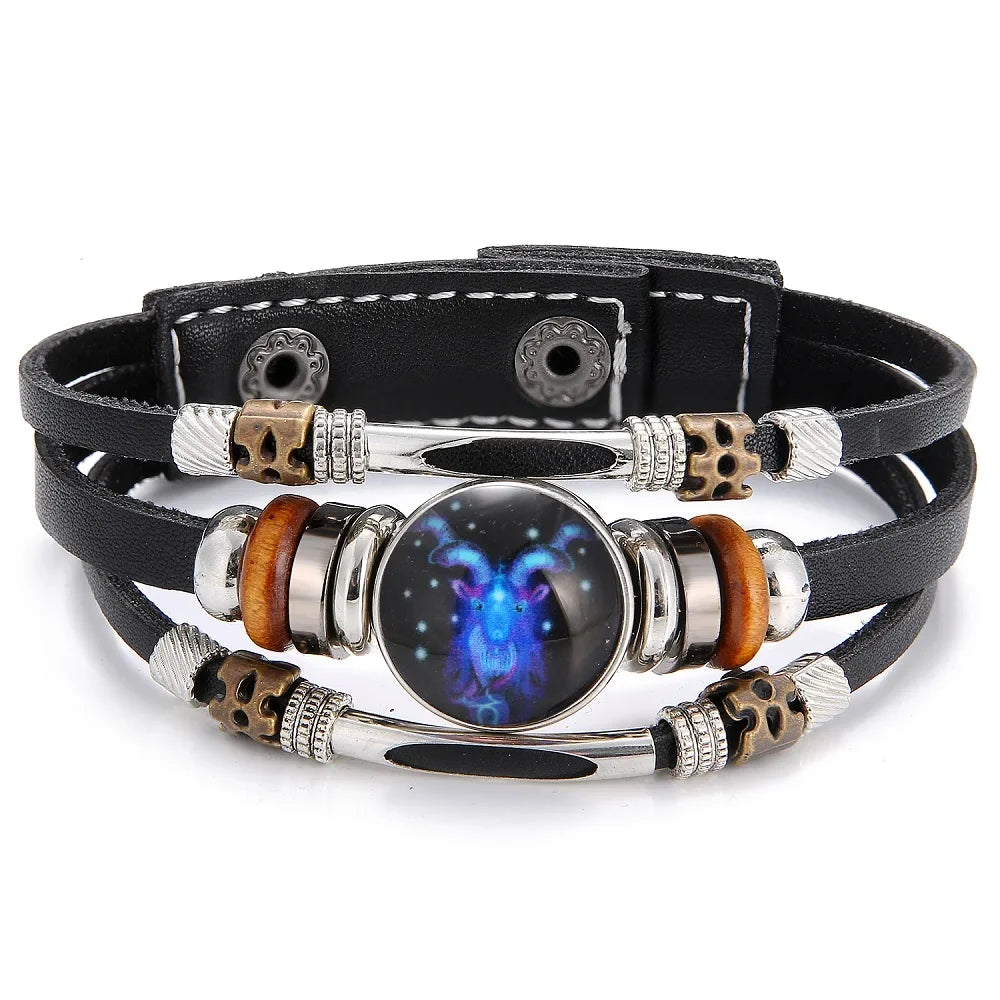 Charm Jewelry 12 Zodiac Weave Bracelets for Women Vintage Multi-layer Stainless Steel 12 Constellations Leather Bracelet