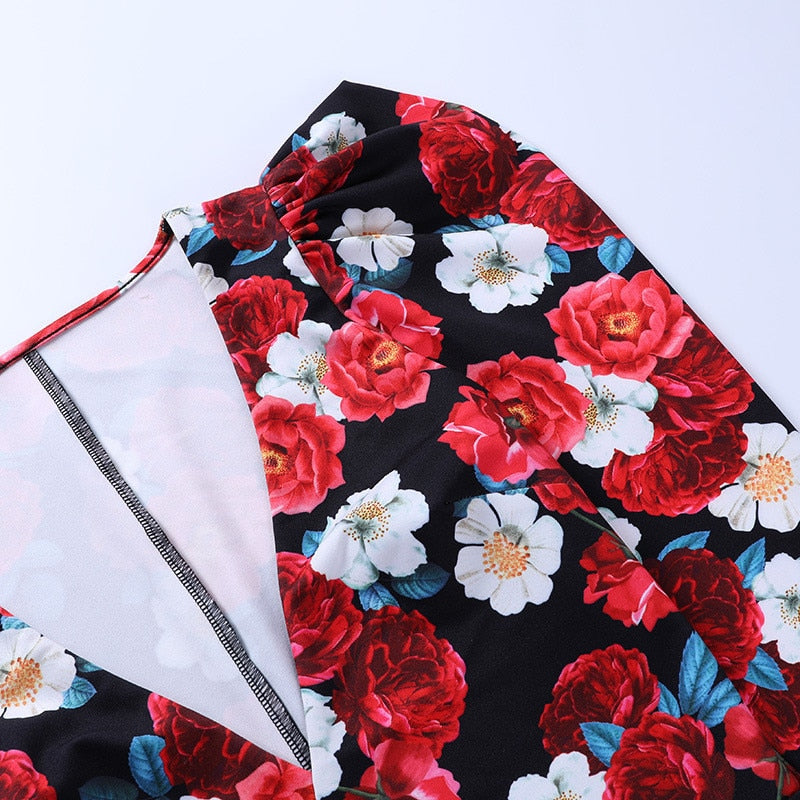 Spring Elegant Boho Print Bodysuits Rompers Women Jumpsuits Puff Sleeve Skinny Sexy V-neck | Jumpsuit | Wiccan Center