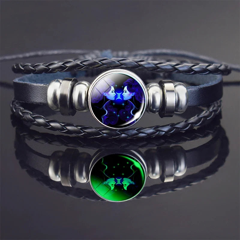 Glow In The Dark Constellation Gemini Bracelet  Braided Leather Bracelet Zodiac Gemini Jewelry Birthday Present