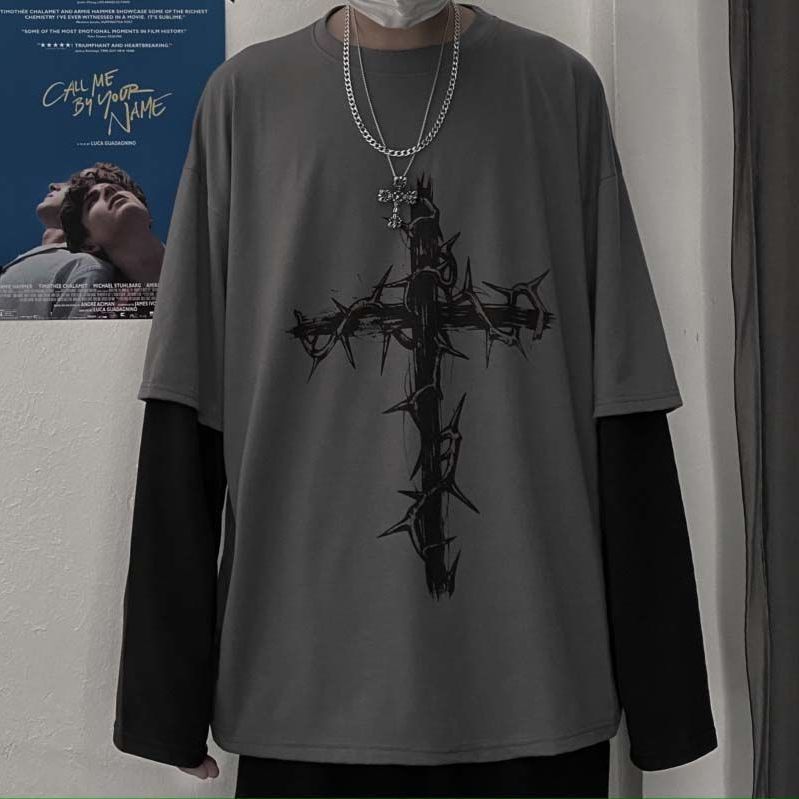 Gothic Style Tshirt Punk Long Sleeve Oversized T-shirt Fake Two-piece Street Fashion Style | T-shirt | Wiccan Center