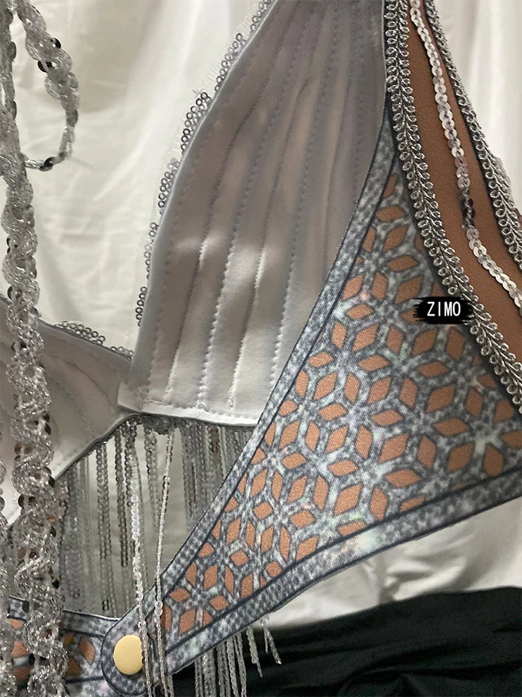 Silver Sequin Tassel Halter Bra & Shorts Stage Performance Set | Costume Sets | Wiccan Center