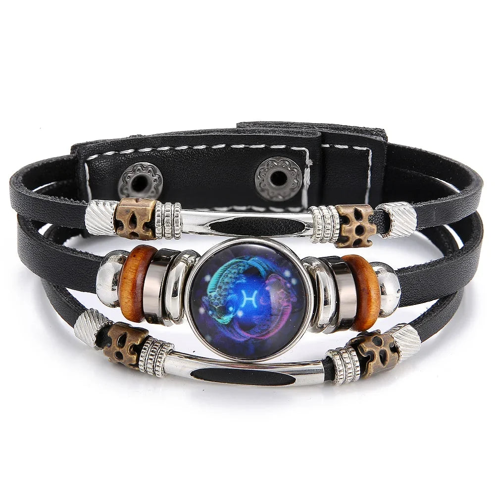 Charm Jewelry 12 Zodiac Weave Bracelets for Women Vintage Multi-layer Stainless Steel 12 Constellations Leather Bracelet