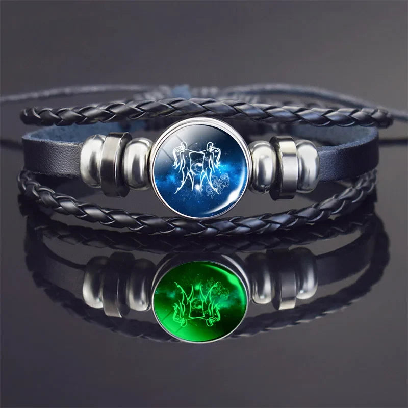 Glow In The Dark Constellation Gemini Bracelet  Braided Leather Bracelet Zodiac Gemini Jewelry Birthday Present