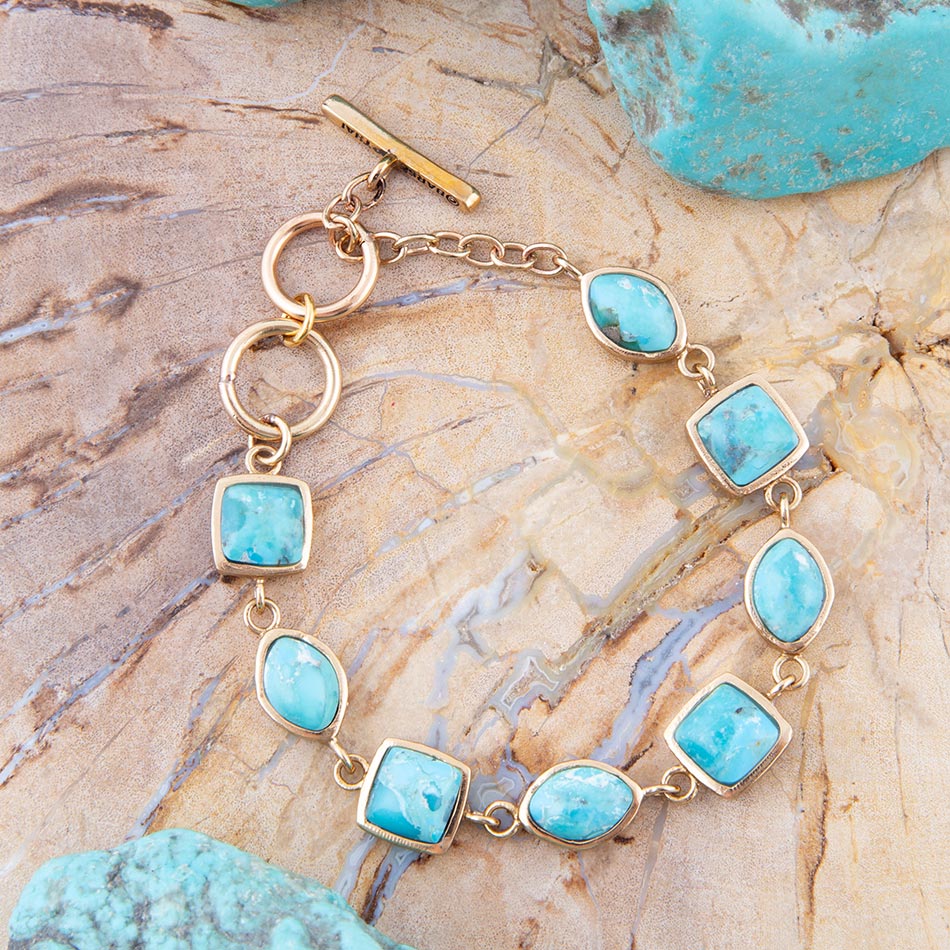 Genuine Blue Turquoise Hammered Golden Link Bracelet | Bracelets | Wiccan Center