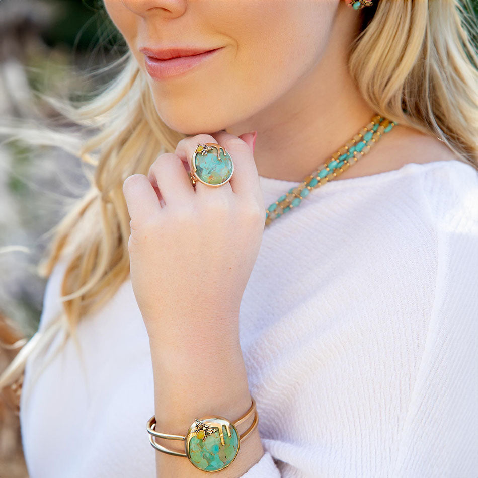 Honey Bee Blue Turquoise Golden Cuff Bracelet | Bracelets | Wiccan Center