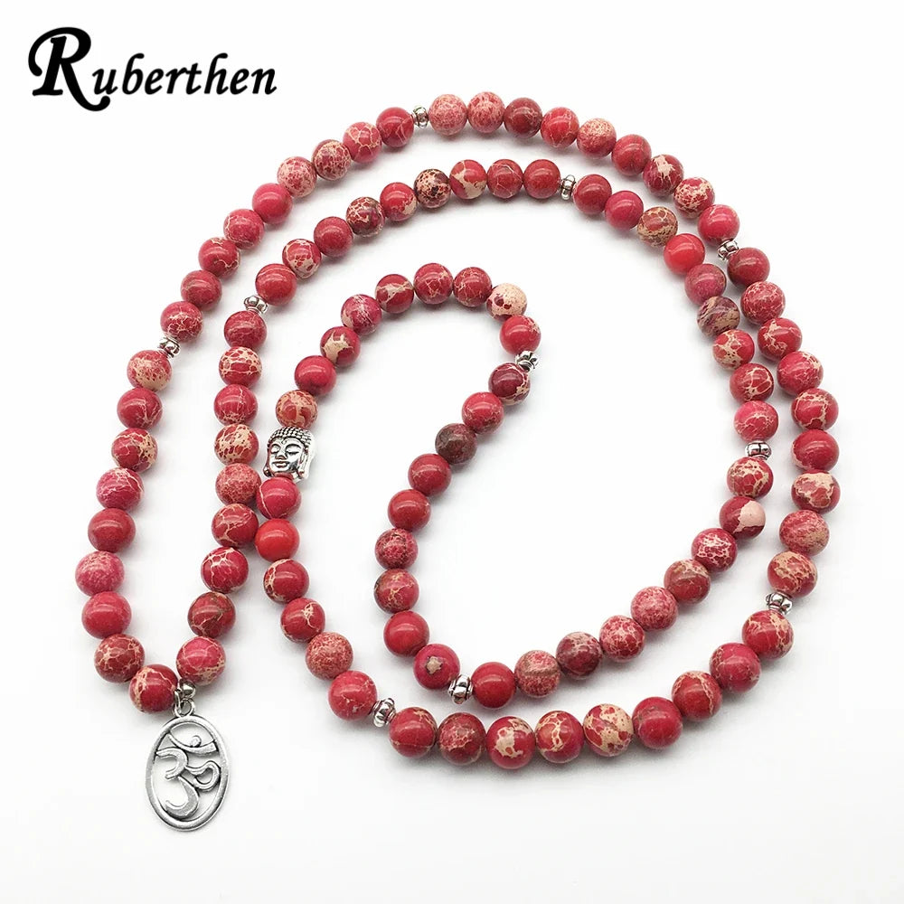 Ruberthen Fashion Yoga Ohm Bracelet New Design Women`s Healing Spiritual Jewelry Trendy Natural Red Regalite 108 Mala Bracelet