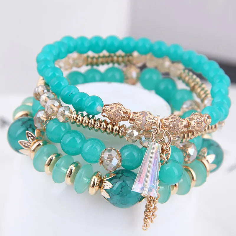DIEZI Korean Trendy Multicolor Green Crystal Beads Rope Bracelets Women Girls Elastic Tassel Wrap Bracelet Pulseira Feminina