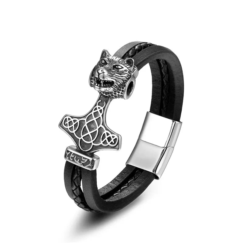 Thors Hammer Men's Leather Bracelet | bracelets | Wiccan Center
