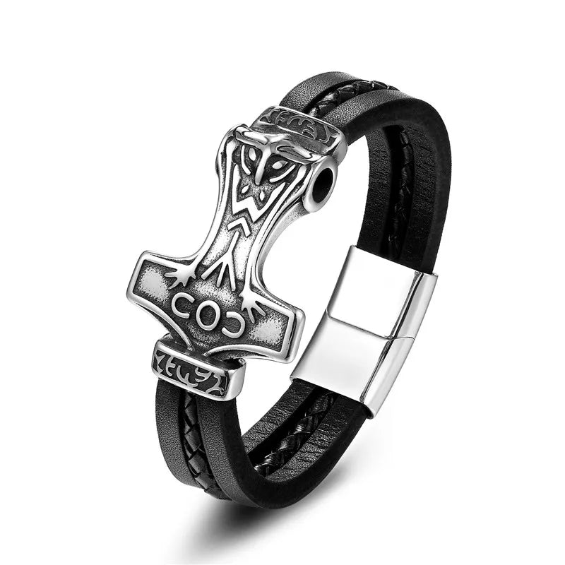 Thors Hammer Men's Leather Bracelet | bracelets | Wiccan Center