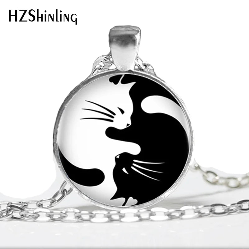 HZ--A376 Fashion newest Two Yin Yang Cats Necklace Pendant bronze glass Cabochon Long Chain Statement Necklace For women HZ1