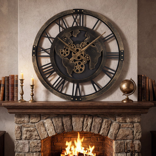Large Wall Clock 27" Gear Clock with World Map-Brown | Home Accessories | Wiccan Center