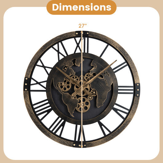 Large Wall Clock 27" Gear Clock with World Map-Brown | Home Accessories | Wiccan Center