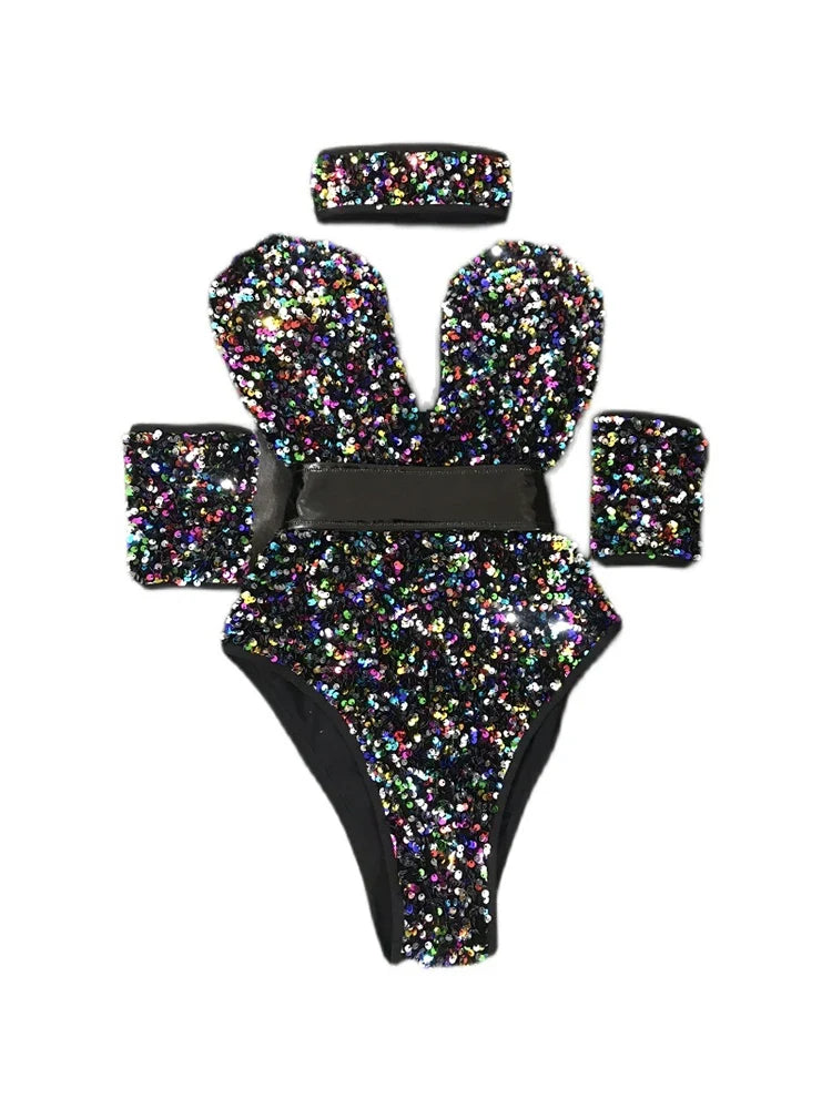 The Stardust Prism Sequin Bodysuit – Colorful High-Cut Rave & Gogo Dancewear