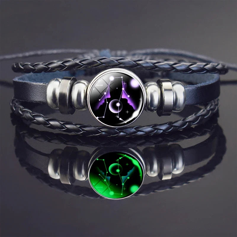 Glow In The Dark Constellation Gemini Bracelet  Braided Leather Bracelet Zodiac Gemini Jewelry Birthday Present