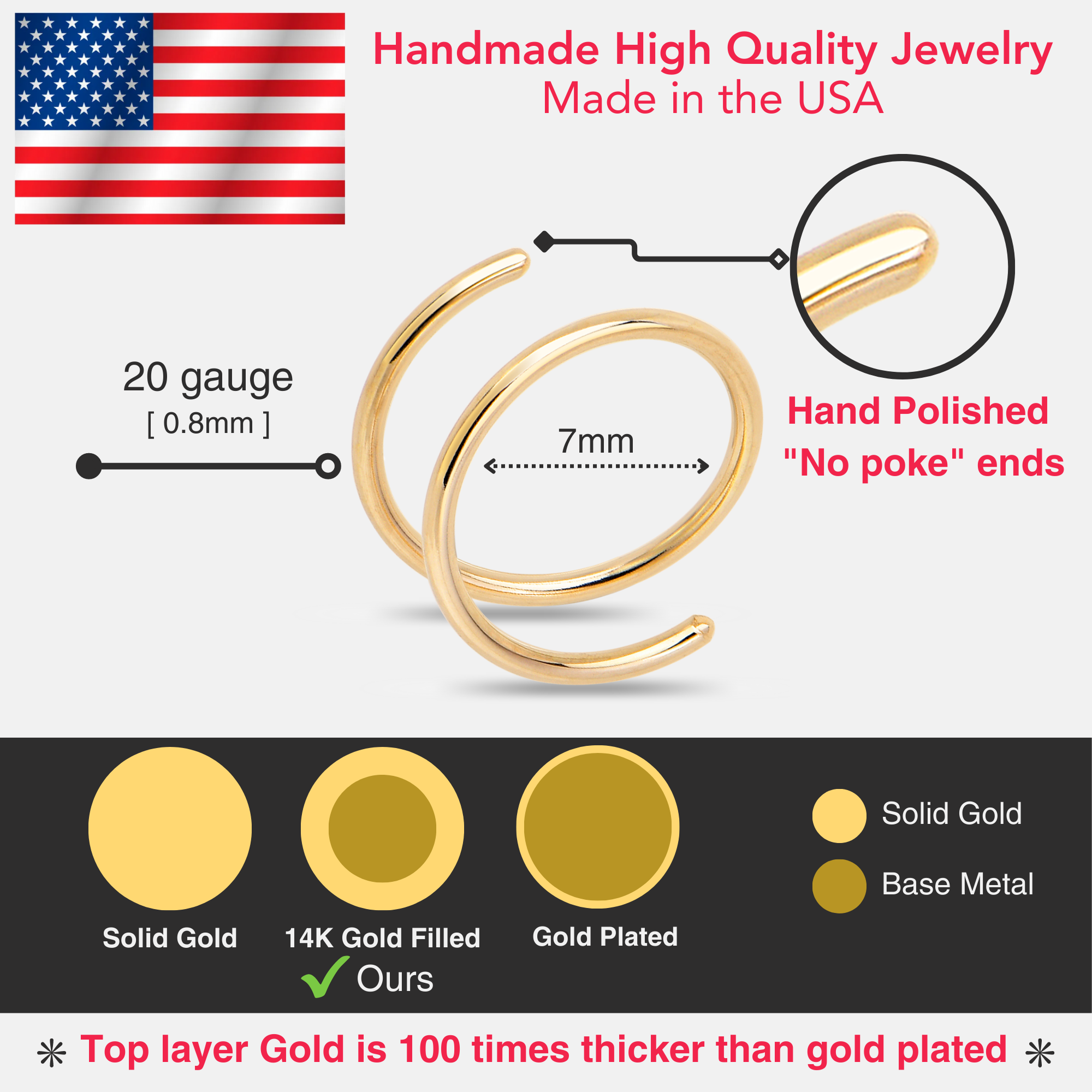 3Pack Double Hoop Nose 14k Gold Filled and 925 Silver Spiral Nose Rings 20G 8mm Right | NOSE HOOP | Wiccan Center