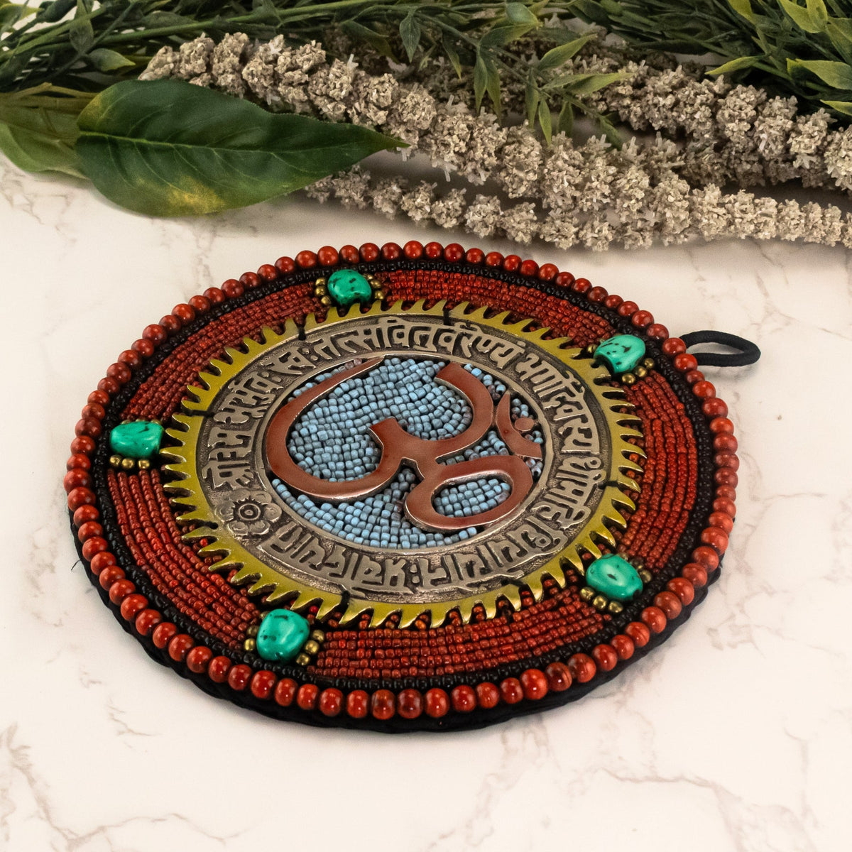 Hanging Brass OM with Beads | | Wiccan Center