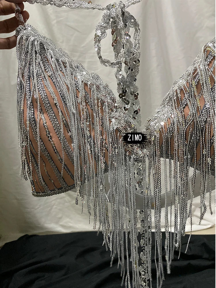 Silver Sequin Tassel Halter Bra & Shorts Stage Performance Set | Costume Sets | Wiccan Center