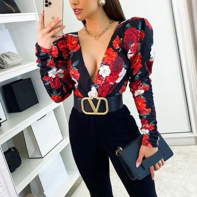 Spring Elegant Boho Print Bodysuits Rompers Women Jumpsuits Puff Sleeve Skinny Sexy V-neck | Jumpsuit | Wiccan Center