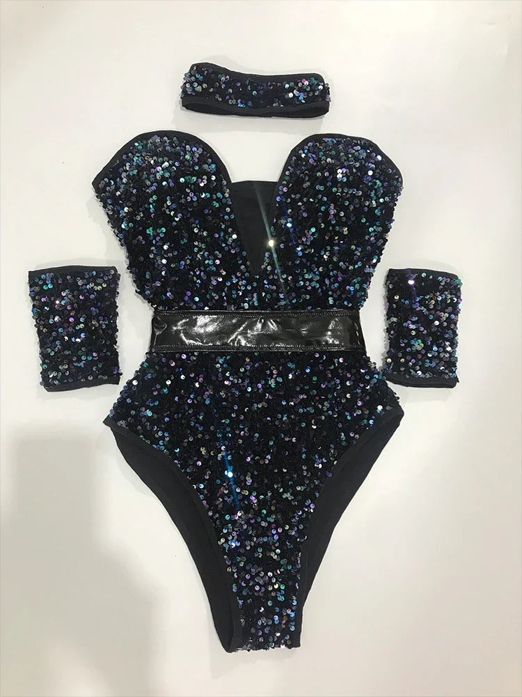 The Stardust Prism Sequin Bodysuit – Colorful High-Cut Rave & Gogo Dancewear