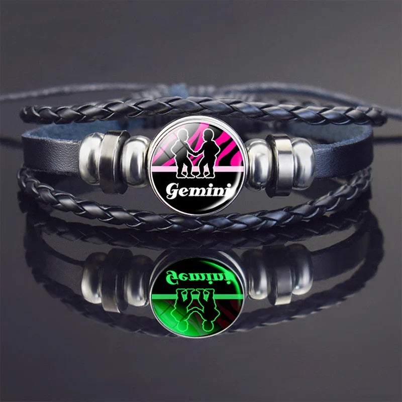 Glow In The Dark Constellation Gemini Bracelet  Braided Leather Bracelet Zodiac Gemini Jewelry Birthday Present