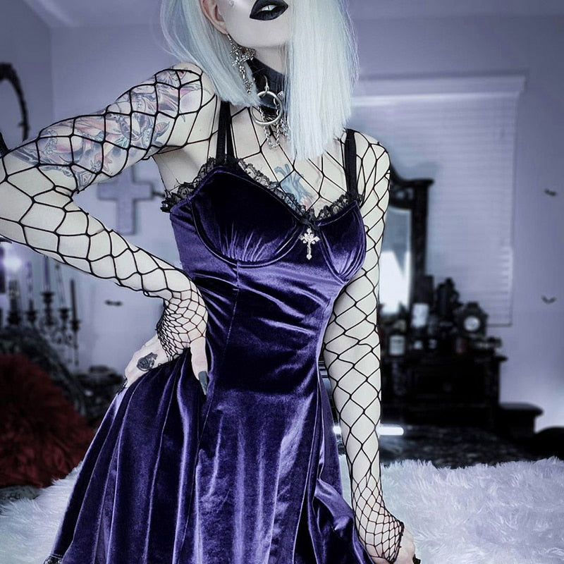 Goth Cross Sexy Purple Dress Vintage Velvet A Line Lolita Dress Aesthetic Gothic | Dresses | Wiccan Center