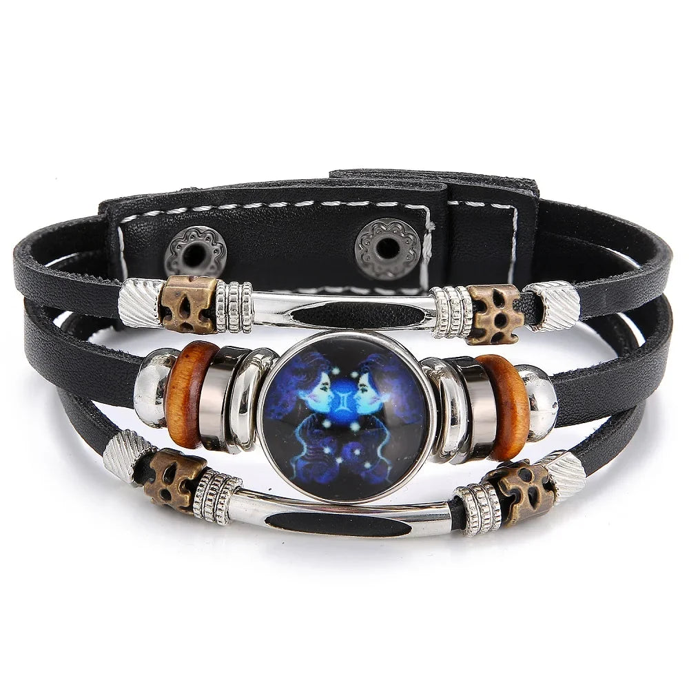 Charm Jewelry 12 Zodiac Weave Bracelets for Women Vintage Multi-layer Stainless Steel 12 Constellations Leather Bracelet