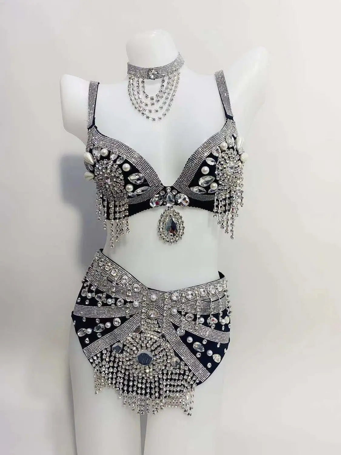 Sparkly Rhinestone Beading Tassel Bikini Sexy Nightclub Stage Wear Fringe Bra High Waist Short DJ Rave Outfit Nightclub Costume | Costume Sets | Wiccan Center