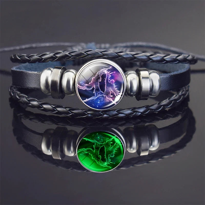 Glow In The Dark Constellation Gemini Bracelet  Braided Leather Bracelet Zodiac Gemini Jewelry Birthday Present