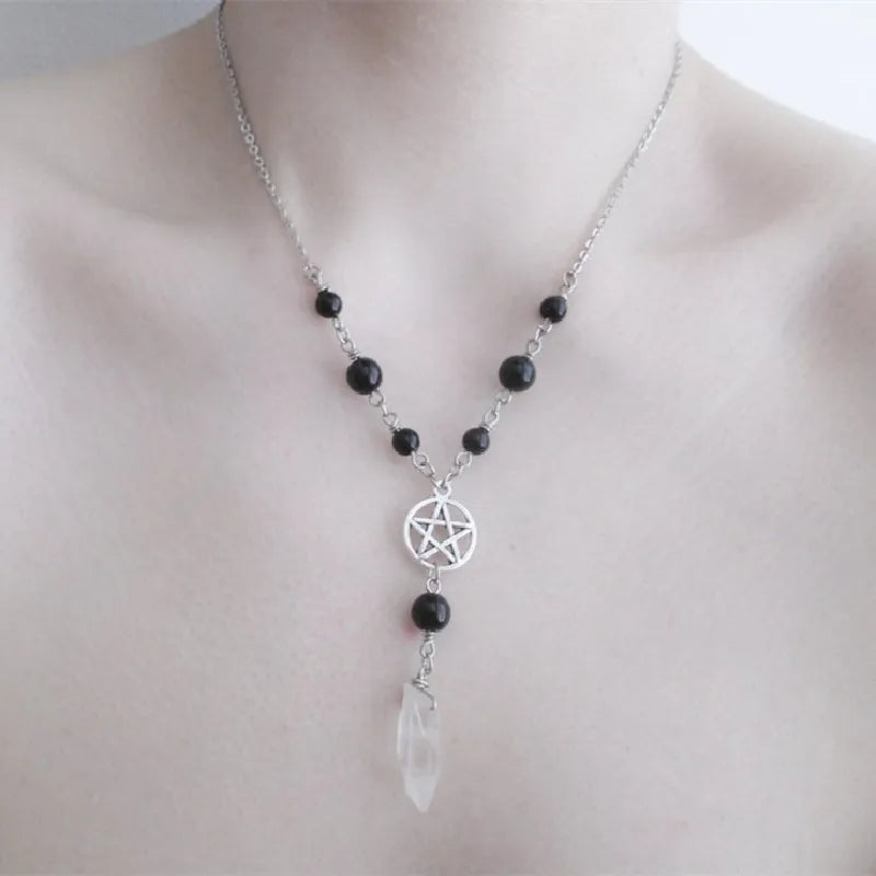 Pentacle Onyx & Quartz Bead Necklace | necklace | Wiccan Center