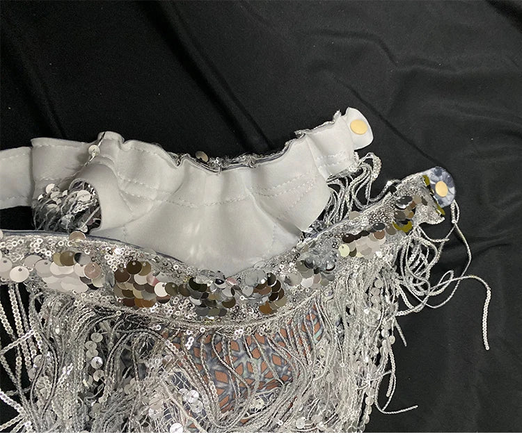 Silver Sequin Tassel Halter Bra & Shorts Stage Performance Set | Costume Sets | Wiccan Center