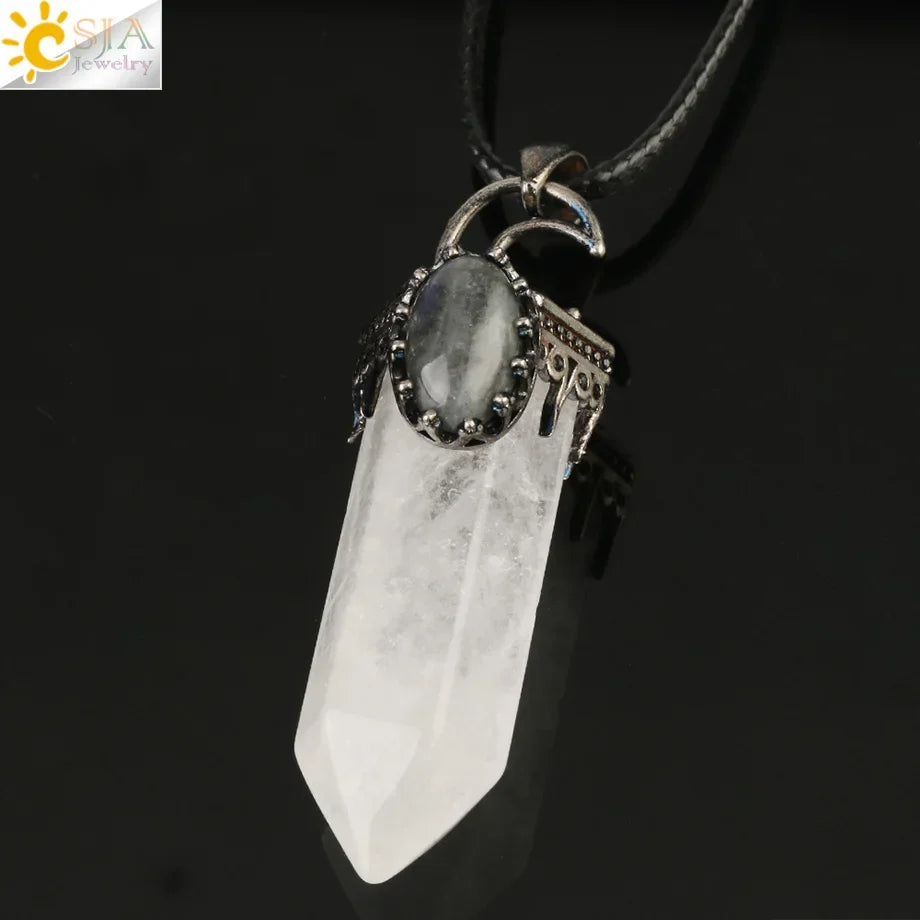 CSJA Natural Stone Crystal Pendants Semi-Precious Necklace Half Moon Pendant Antique Silver Color Hexagon Column Suspension G253