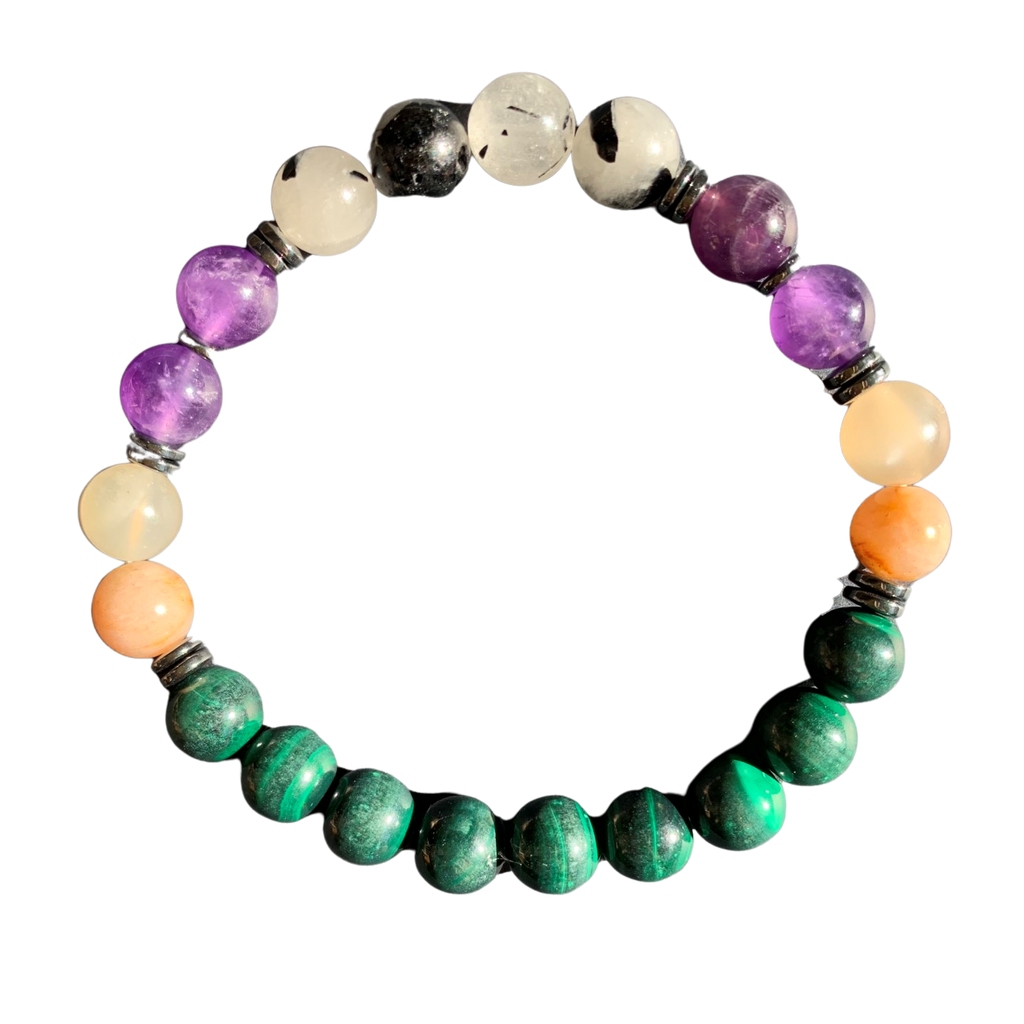 Travel Protection Bracelet 8 mm Malachite, Moonstone, Amethyst, Tourmalated Quartz Round Beads | | Wiccan Center